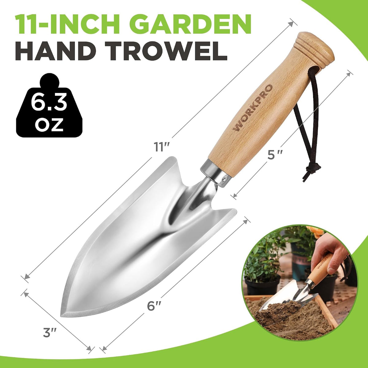Garden Hand Trowel, Heavy Duty Stainless Steel with Wooden Handle