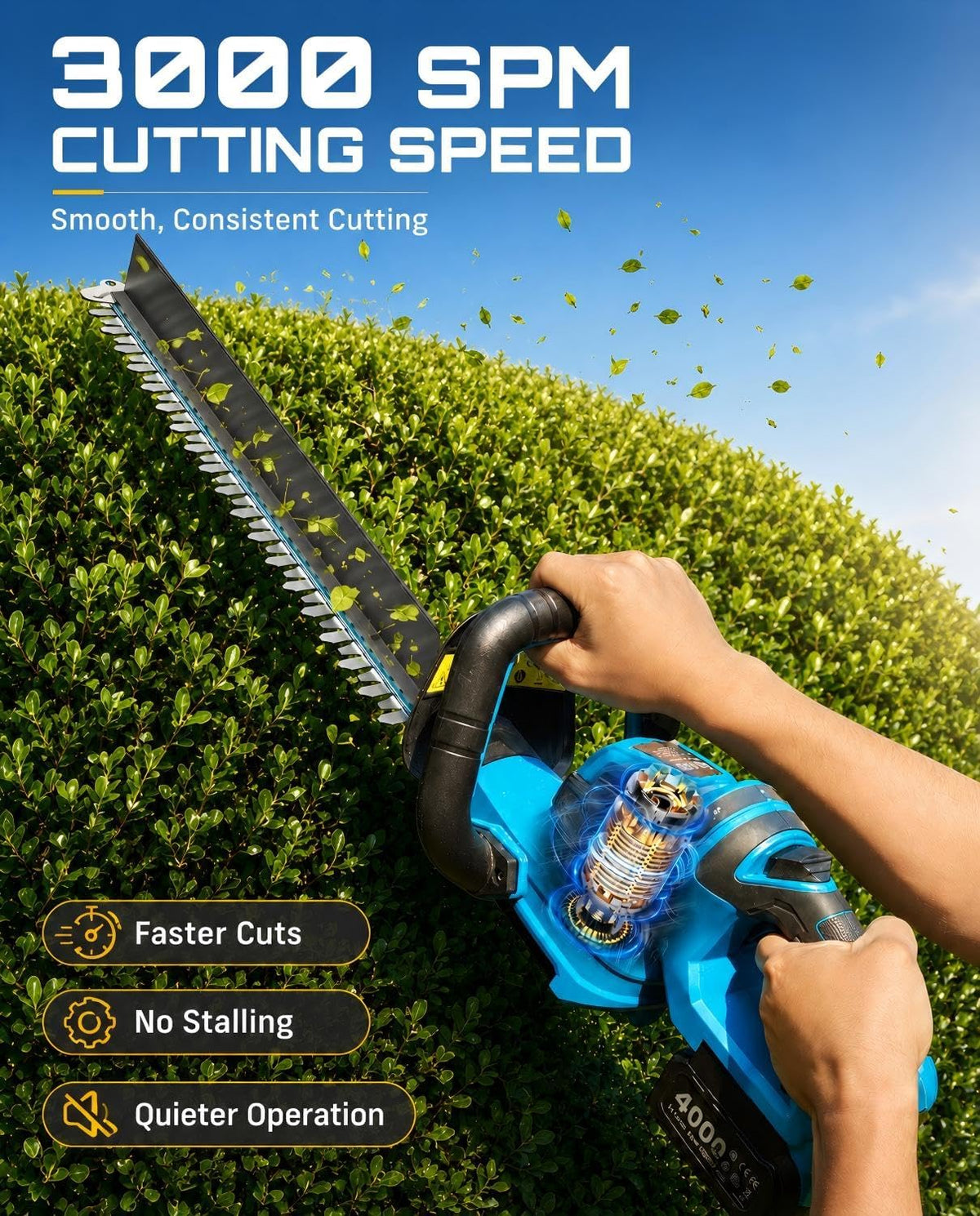22" Hedge Trimmer Cordless, 20V Electric Bush Trimmer, 2 Batteries