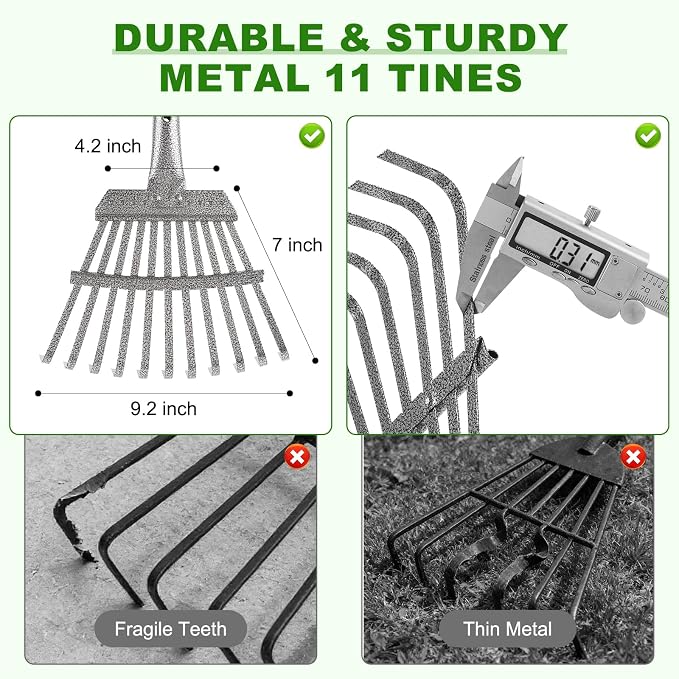 Small Garden Rake for Leaves, 6 Ft Adjustable Metal Lawn Rake